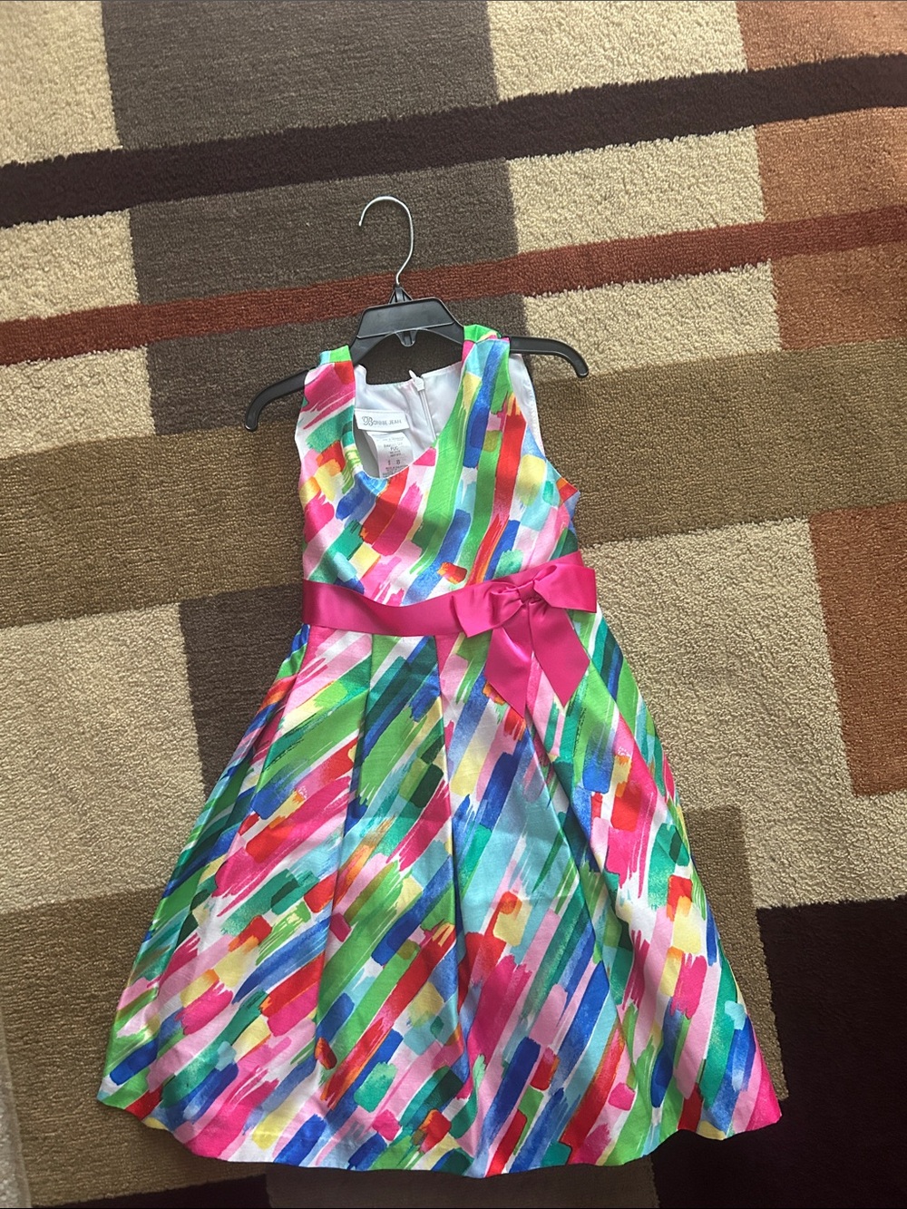 Bonnie Jean Bright Multi-Color Striped Party Dress with Pink Sash